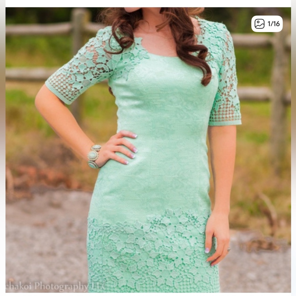 ANTONIO MELANI Light Green Lace Midi Dress